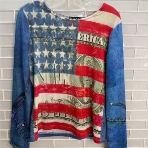 Méchant Women’s American Flag Dollar Bill Graphic Long Sleeve Top Size Small